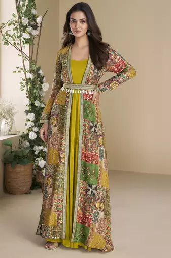 FESTIVE Yellow Georgette Anarkali Gown with Multicolor Long Shrug