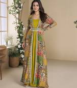 FESTIVE Yellow Georgette Anarkali Gown with Multicolor Long Shrug