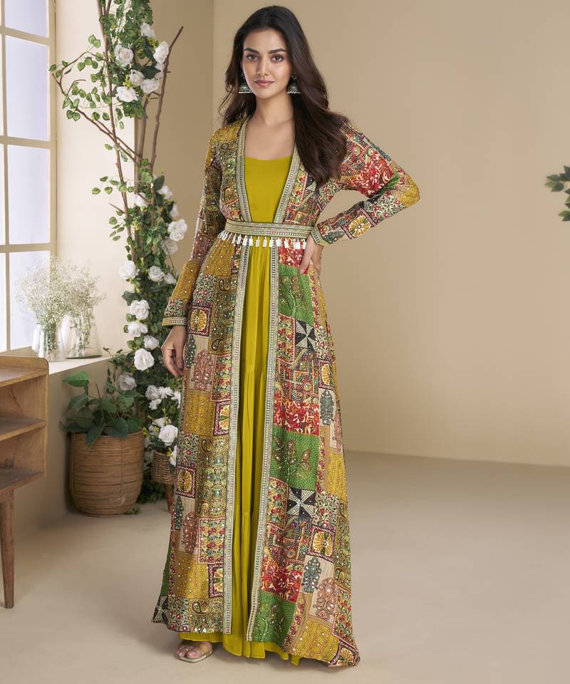 FESTIVE Yellow Georgette Anarkali Gown with Multicolor Long Shrug