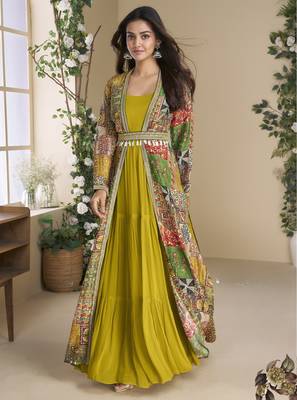 FESTIVE Yellow Georgette Anarkali Gown with Multicolor Long Shrug 2