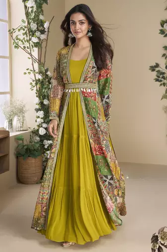 FESTIVE Yellow Georgette Anarkali Gown with Multicolor Long Shrug