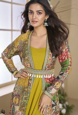 FESTIVE Yellow Georgette Anarkali Gown with Multicolor Long Shrug 3