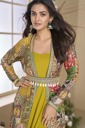 FESTIVE Yellow Georgette Anarkali Gown with Multicolor Long Shrug