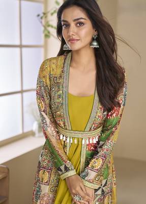FESTIVE Yellow Georgette Anarkali Gown with Multicolor Long Shrug 4