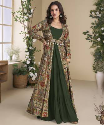 Green Georgette Printed Embroidered Sequins Stones Mirror Work Jacket With Gown Festive Wear 1