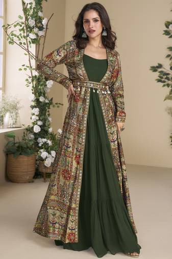 Green Georgette Printed Embroidered Sequins Stones Mirror Work Jacket With Gown Festive Wear