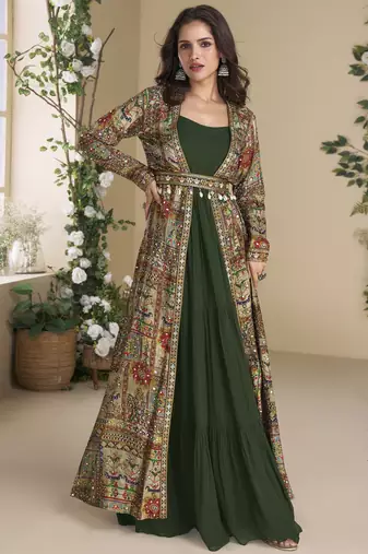 Green Georgette Printed Embroidered Sequins Stones Mirror Work Jacket With Gown Festive Wear