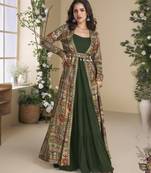 Green Georgette Printed Embroidered Sequins Stones Mirror Work Jacket With Gown Festive Wear