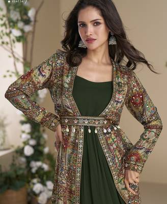 Green Georgette Printed Embroidered Sequins Stones Mirror Work Jacket With Gown Festive Wear 2