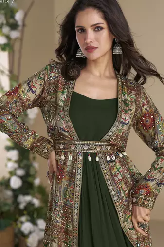Green Georgette Printed Embroidered Sequins Stones Mirror Work Jacket With Gown Festive Wear