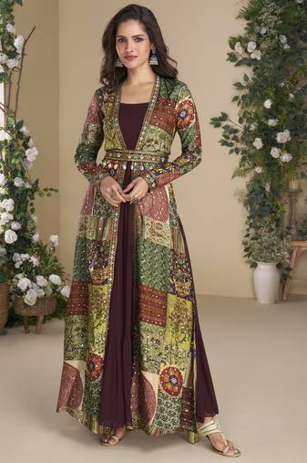 Maroon Embroidered Gown With Jacket