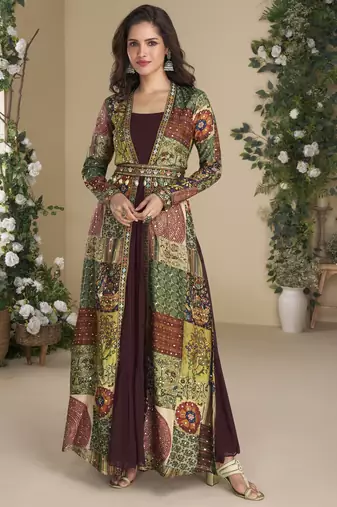 Maroon Embroidered Gown With Jacket