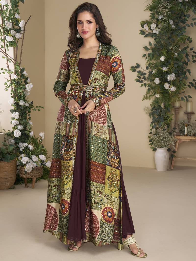 Maroon Embroidered Gown With Jacket
