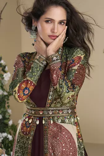 Maroon Embroidered Gown With Jacket
