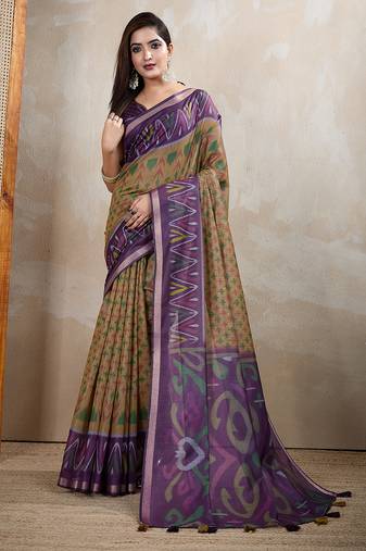 Beige chanderi cotton ikkt printed saree with zari woven border