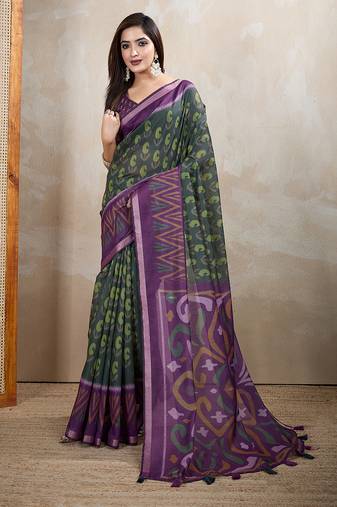 Rama green chanderi cotton ikkt printed saree with zari woven border