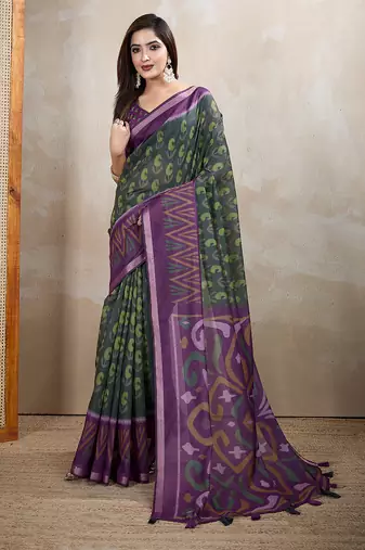 Rama green chanderi cotton ikkt printed saree with zari woven border