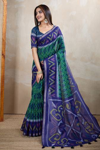 Dark green chanderi cotton ikkt printed saree with zari woven border