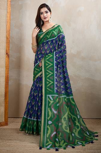 Blue chanderi cotton ikkt printed saree with zari woven border