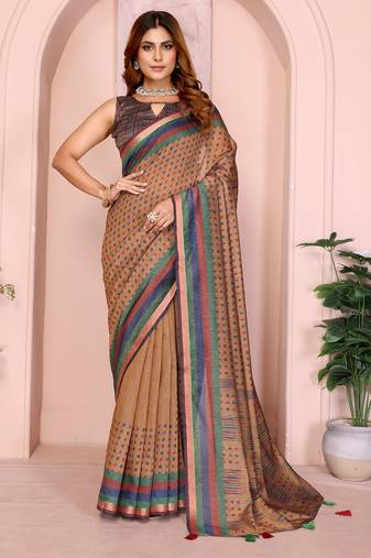 Brown chanderi cotton ikkt printed saree with zari woven border