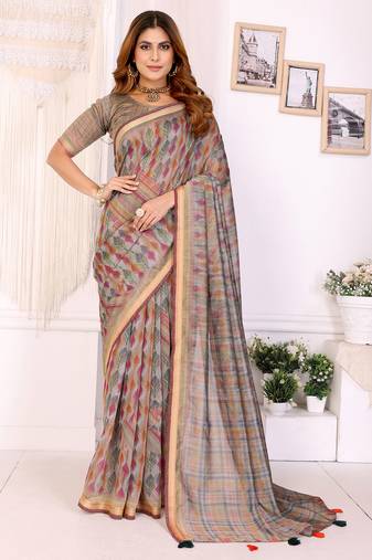 Chiku chanderi cotton ikkt printed saree with zari woven border