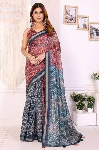 Coral chanderi cotton ikkt printed saree with zari woven border