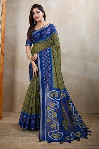 Mehendi chanderi cotton ikkt printed saree with zari woven border