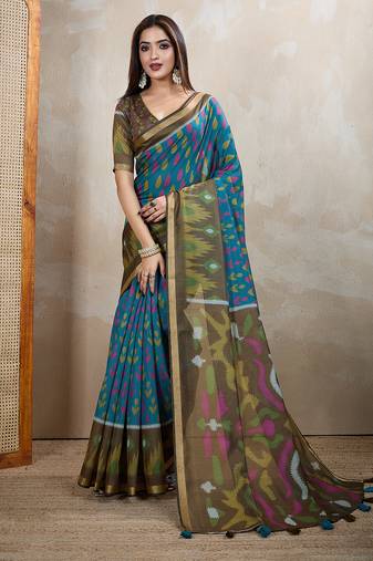 Teal chanderi cotton ikkt printed saree with zari woven border