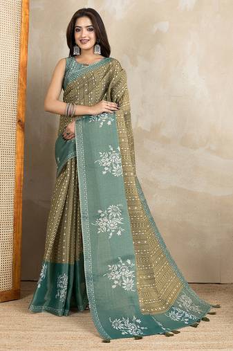 Aqua green premium cotton saree with beautiful digital print