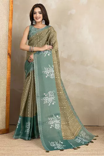 Aqua green premium cotton saree with beautiful digital print