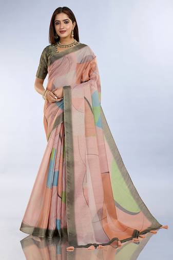 Peach premium cotton saree with beautiful digital print