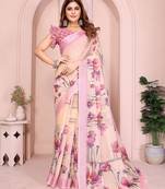 Baby pink soft linen cotton printed silk saree with woven border