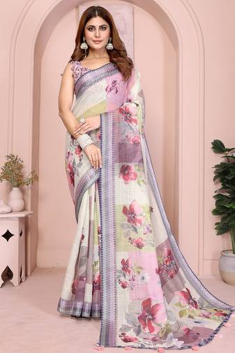 Beige soft linen cotton printed silk saree with woven border