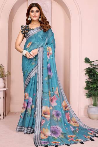 Blue soft linen cotton printed silk saree with woven border