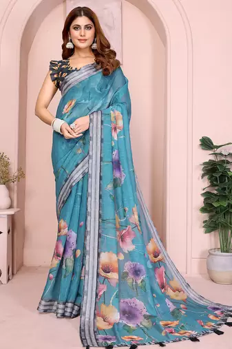 Blue soft linen cotton printed silk saree with woven border