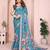 Blue soft linen cotton printed silk saree with woven border
