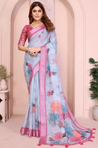 Sky blue soft linen cotton printed silk saree with woven border