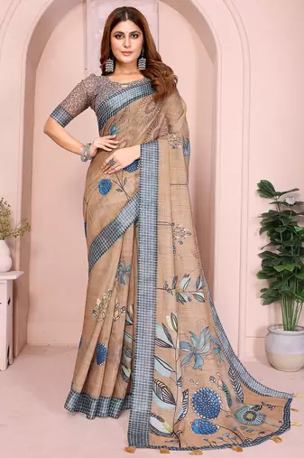 Chiku soft linen cotton printed silk saree with woven border