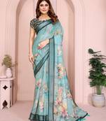 Sea green soft linen cotton printed silk saree with woven border