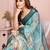 Sea green soft linen cotton printed silk saree with woven border