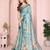 Sea green soft linen cotton printed silk saree with woven border