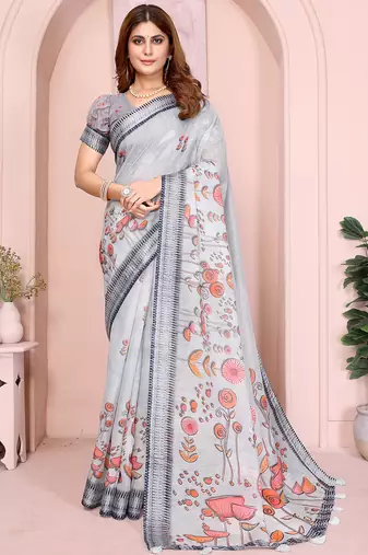 Grey soft linen cotton printed silk saree with woven border