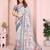Grey soft linen cotton printed silk saree with woven border
