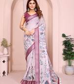 Lavender soft linen cotton printed silk saree with woven border