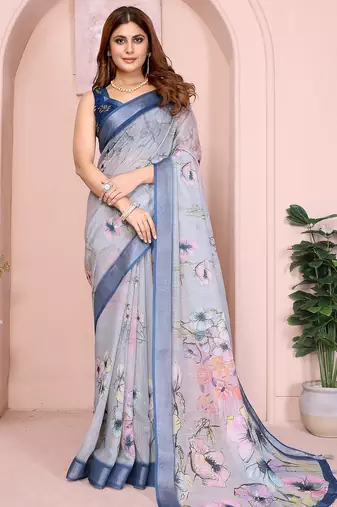 Navy blue soft linen cotton printed silk saree with woven border