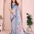 Navy blue soft linen cotton printed silk saree with woven border