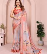 Orange soft linen cotton printed silk saree with woven border