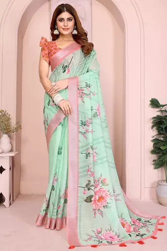 Green soft linen cotton printed silk saree with woven border