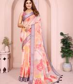 Peach soft linen cotton printed silk saree with woven border