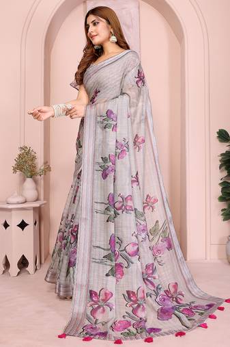 Rose pink soft linen cotton printed silk saree with woven border